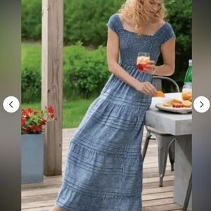 Soft Surroundings denim blue ruched stretch tiered maxi nap dress Large Petite